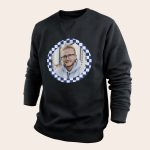 Black personalized sweater printed with a photo of a man in a checkered blue and white circle design