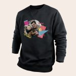 Black personalized sweater with printed photo of a man and child, surrounded by colorful geometric shapes, making an impression with a personal sweater with your design