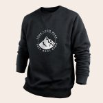 Dark grey personal sweater with a custom logo print of a mountain design and "YOUR LOGO HERE" text.