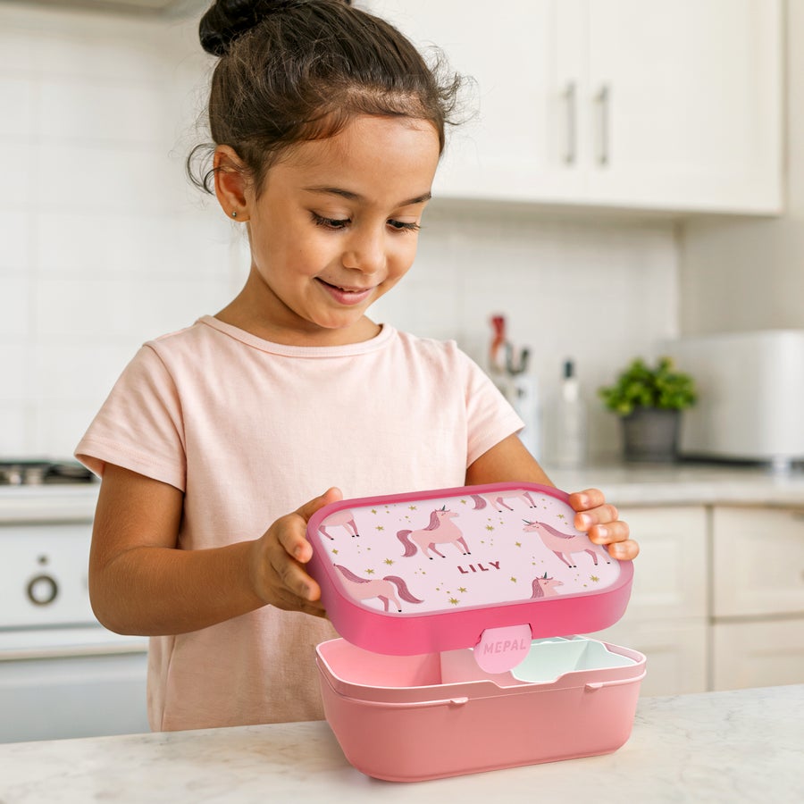 Pink Mepal lunchbox with a unicorn design and the name Lily printed on the lid Their name makes lunchtime special