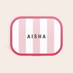 Pink Mepal lunchbox with white and pink stripes, printed with the name AISHA. Their name makes lunchtime special.