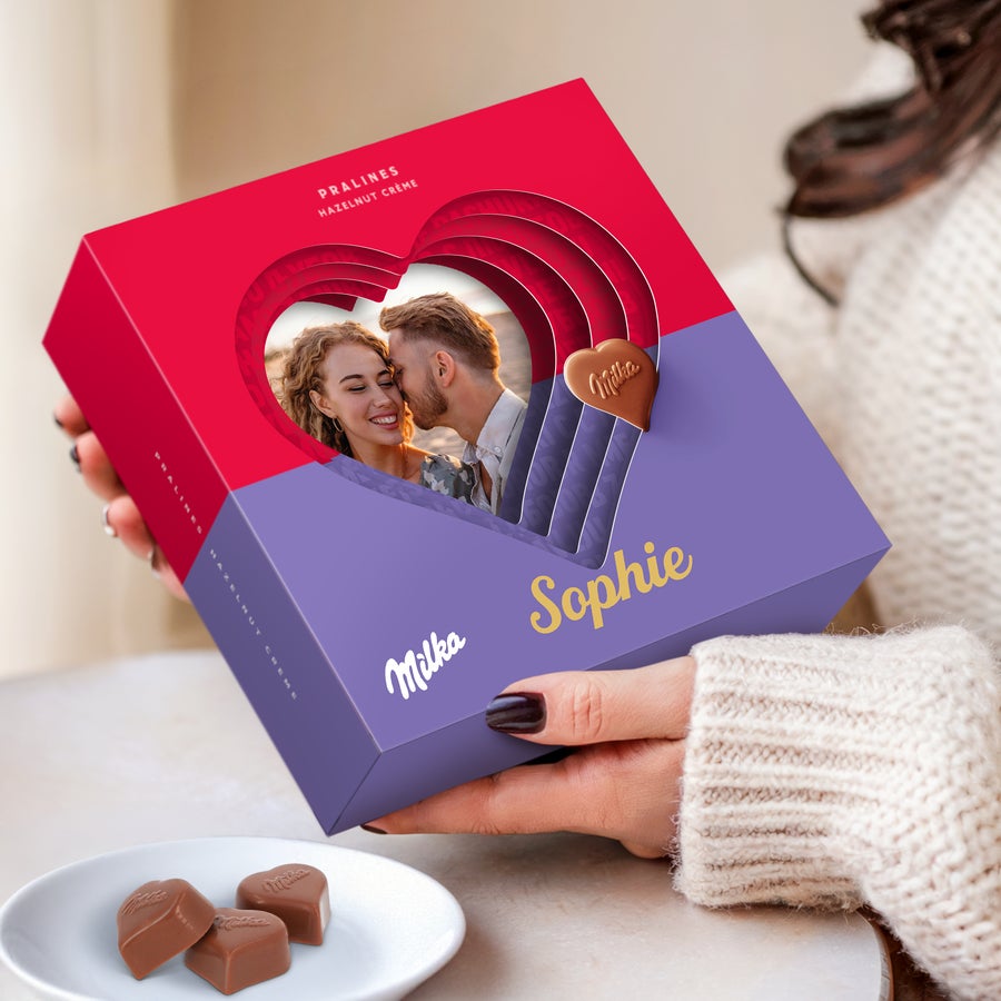 Personalised Milka Hearts 3D Gift Box with a photo of a couple and the name Sophie, next to heart shaped chocolates