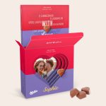 Personalised Milka Hearts 3D Gift Box printed with a photo of a couple and the name Sophie