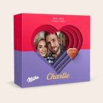Personalised Milka Hearts 3D gift box with a printed photo of a couple and the name Charlie