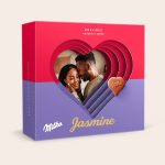 Personalised Milka Hearts 3D Gift Box with a photo of a couple and the name Jasmine printed on it