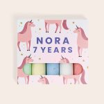 Personalized Mini Chalk Set - 6 pcs in a unicorn-themed box, printed with NORA 7 YEARS for a birthday gift