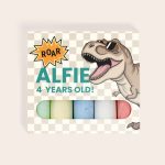 Personalized Dino print chalk set with Alfie 4 Years Old and Roar text, a custom gift