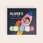 Custom photo chalk set for kids with a rocket design, personalized with a child's name and photo