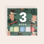 Personalized chalk box with alligators, a big number 3, and the name Noah printed on the front.