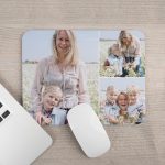 Personalized photo mouse mat printed with multiple photos of a woman and two children in a field of flowers.