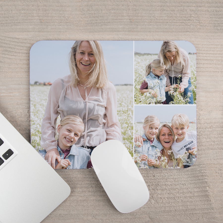 Personalized photo mouse mat printed with multiple photos of a woman and two children in a field of flowers.