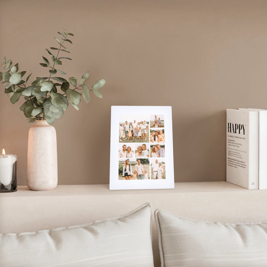 ChromaLuxe aluminum photo frame printed with a collage of family photos