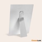 Back of a personalized ChromaLuxe aluminum photo frame with a metal stand and hanging hook