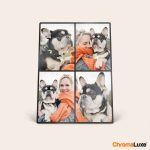 ChromaLuxe aluminum photo frame with four custom printed photos of a woman and her French bulldog