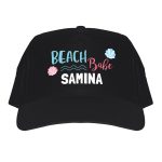 Black baseball cap printed with "Beach Babe SAMINA" and seashells