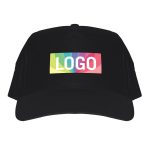Black baseball cap printed with a rainbow colored LOGO design