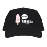 Black baseball cap printed with a pink ice pop design and the name Sophia and the text refresh me