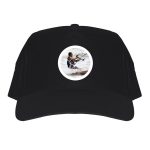 Black baseball cap printed with a photo of a man kitesurfing on the front.