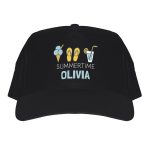 Black baseball cap printed with ice cream, sandals, a drink, summertime text, and the personalized name Olivia