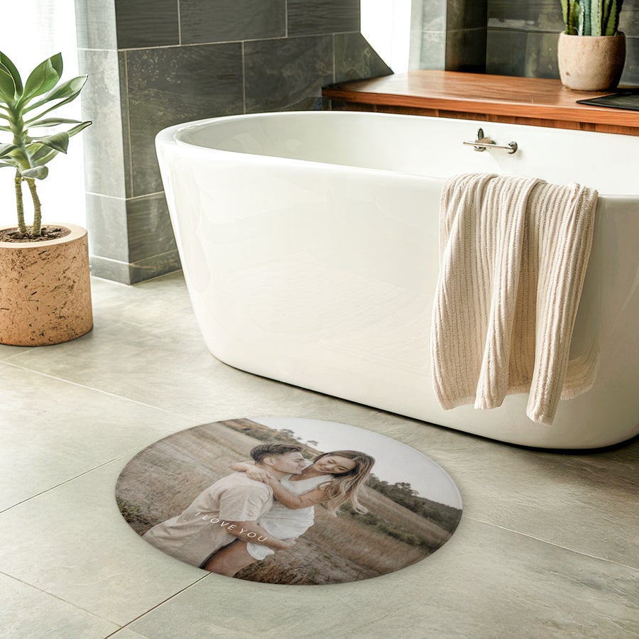Round personalised bath mat printed with a photo of a couple and the text I LOVE YOU perfect for any bathroom
