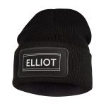 Black custom beanie with white printed text ELLIOT in a framed box design