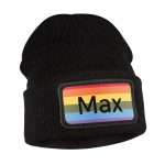 Black custom beanie with a printed rainbow design and the name Max on the front to keep ears warm