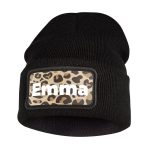 Black custom beanie with a leopard print patch printed with the name Emma to keep your ears warm