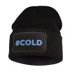 Black custom beanie with #COLD printed in light blue on a front patch