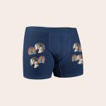 Navy blue personalized boxer shorts with full-color printed photos of a boy and a dog, and rainbow designs, to create boxer shorts that are as unique as he is.