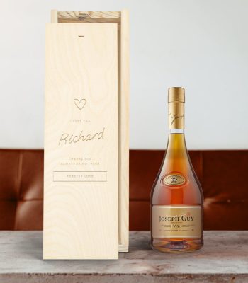 Joseph Guy brandy in an engraved wooden case with a personalized message and name