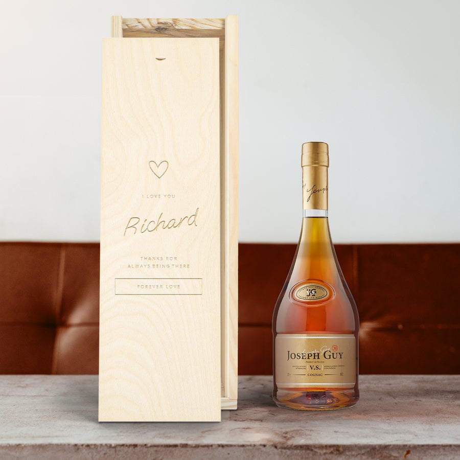 Joseph Guy brandy in an engraved wooden case with a personalized message and name
