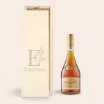 Joseph Guy brandy in an engraved wooden case with the name Emerson and a leaf initial design