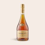 Bottle of Joseph Guy brandy with a personalized engraved wooden case