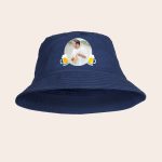Navy blue personalized bucket hat printed with a man playing ukulele and two beer mugs