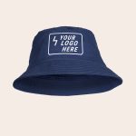 Navy blue personalized bucket hat printed with a white "YOUR LOGO HERE" design