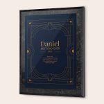 A personalized Best Dad Ever certificate with custom text and name Daniel, printed on a dark blue background with gold art deco accents, framed in black.
