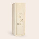 Personalized champagne gift with an engraved wooden case displaying 'Happily Married On 19 05 94 Clive & Sally'