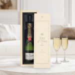 Moet & Chandon champagne bottle in an engraved wooden gift case with names and a date