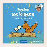 Personalized bedtime story book with the name Jayden, a photo, and the title 100 kisses before bedtime.