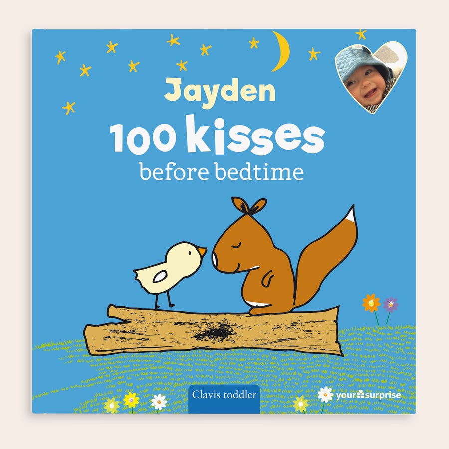 Personalized bedtime story book with the name Jayden, a photo, and the title 100 kisses before bedtime.