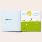 Personalized bedtime story with Jayden the chick, illustrated on a colorful page with flowers and a sun for little ones.
