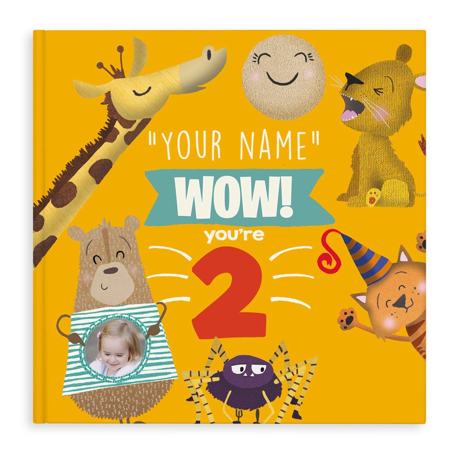 Personalized children's book with a colorful cover for celebrating being 2, customized with a child's name and photo