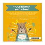 Personalized children's book with a bear and text "YOUR NAME you're two!" perfect for celebrating being 2