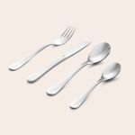 Personalised children's cutlery set - Engraved, showing a shiny silver fork, knife, large spoon, and small spoon, each handle engraved with a custom name