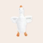 White goose personalised cuddly toy with Evan and 02.03.2024 embroidered on its wings