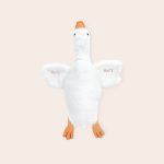 White goose soft personalised cuddly toy with orange beak and feet, embroidered with the name Harry on its wings.