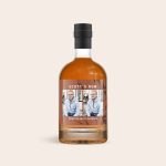 Personalized bottle of dark rum with two photos of a man and "Scott's Rum" printed on the label
