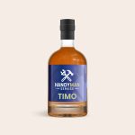 Bottle of dark rum with a personalized blue label printed with a handyman design and the name Timo