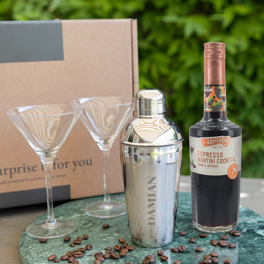 Espresso Martini gift set with two martini glasses, cocktail shaker engraved with the name Damian, and a bottle of espresso martini cocktail