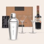 Espresso Martini gift set with a personalized engraved shaker, two martini glasses, and an ice cube tray.